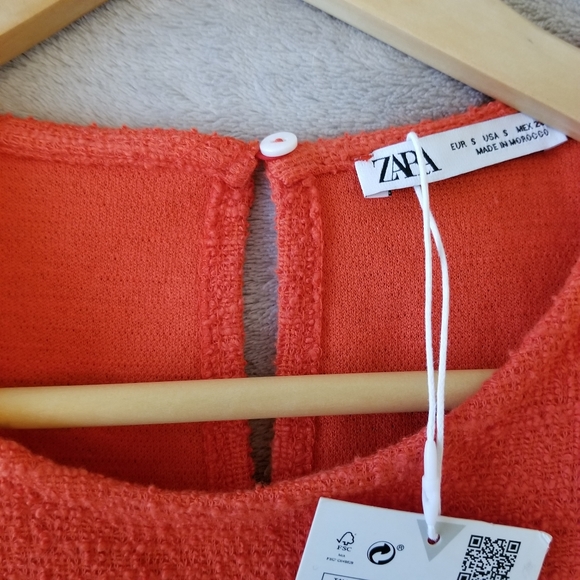 🌷ZARA • Orange Tweed-effect Short Puff Sleeve A-Line Shift Dress NWT - Picture 12 of 15